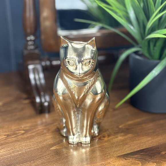 Vintage Brass Cat Figurine MCM Style Feline Sculpture Home Decor for Cat Lover - Picture 2 of 16